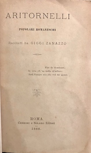 Zanazzo Giggi Aritornelli popolari romaneschi... 1888 Roma
